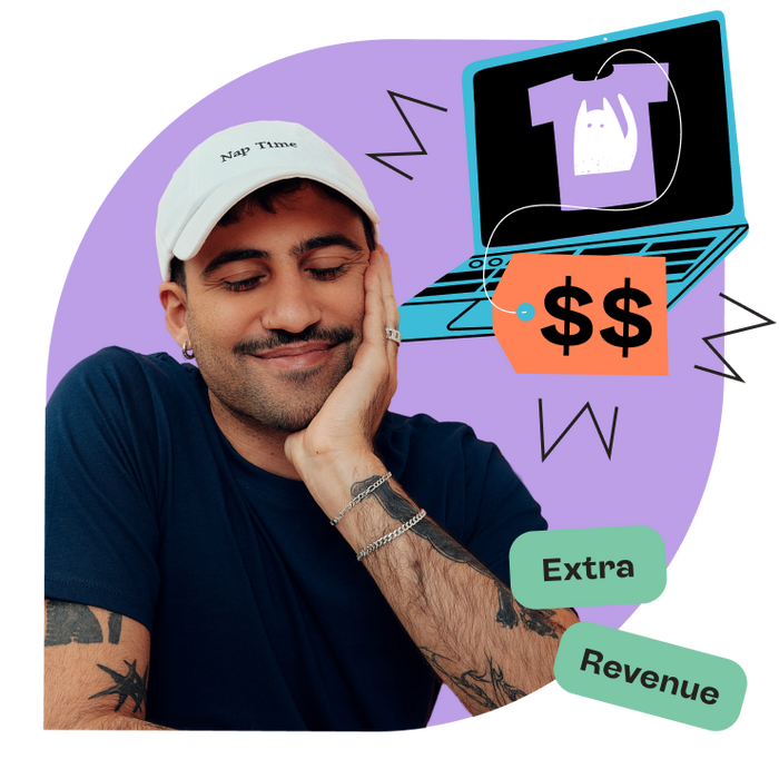 image of ecommerce seller wearing custom cap next to graphic of a t-shirt on laptop with price tag